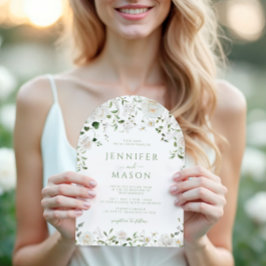 Green White Flowers Eucalyptus Rose Peony Wedding Einladung