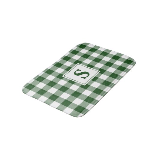 Green White Gingham Kariert Pattern Monogram Badematte (Schrägansicht)