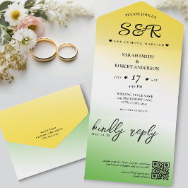 Green White & Gold Jamaica Ombre QR Code Wedding All In One Einladung