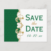 Green White Gold Scrolls Save the Date Postcard Ankündigungspostkarte (Vorderseite)
