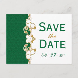 Green White Gold Scrolls Save the Date Postcard Ankündigungspostkarte
