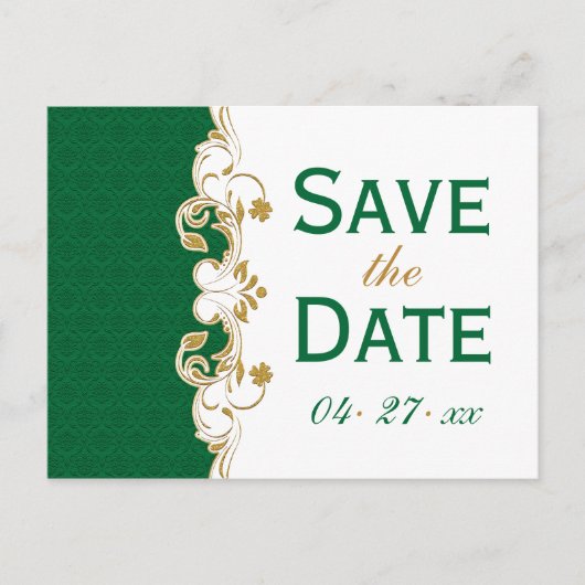 Green White Gold Scrolls Save the Date Postcard Ankündigungspostkarte (Vorderseite)