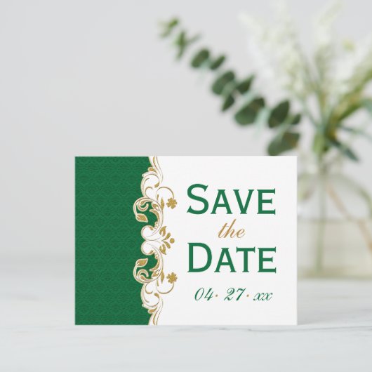 Green White Gold Scrolls Save the Date Postcard Ankündigungspostkarte (Stehend Vorderseite)