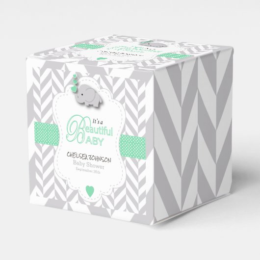 Green, White Gray Elephant Baby Dusche Geschenkschachtel (Vorderseite)