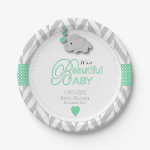 Green, White Gray Elephant Baby Dusche Pappteller