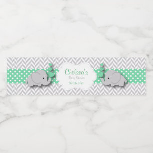 Green, White Gray Elephant Baby Dusche Wasserflaschenetikett