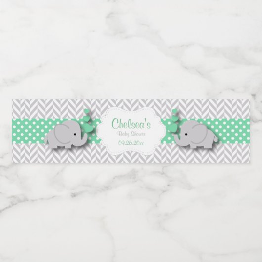 Green, White Gray Elephant Baby Dusche Wasserflaschenetikett (Einzelnes Label)