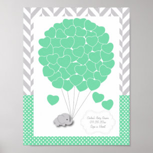 Green, White Gray Elephant Baby Shower - Gast Poster