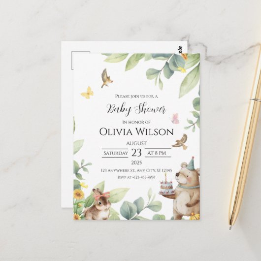 Green White Illustriert Birds Babydusche Postkarte (Vorderseite/Rückseite Beispiel)