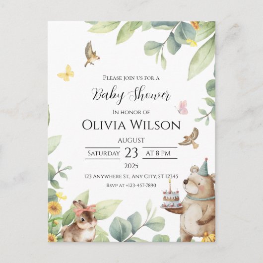 Green White Illustriert Birds Babydusche Postkarte (Vorderseite)