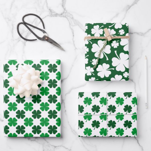 GREEN & WHITE IRISH CELTIC SHAMROCKS & PATTERNS GESCHENKPAPIER SET (Vorderseite)