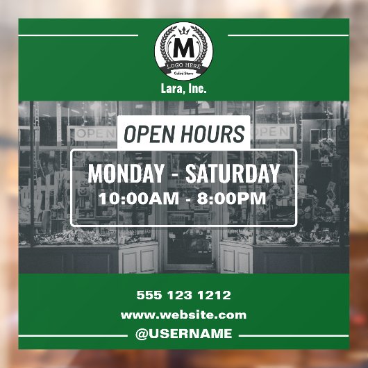 Green White Monochrome Simple Open Hours Store Fensteraufkleber (Blatt 2)