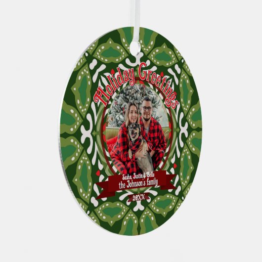 Green White Natal Holiday Energy Custom Photo Ornament Aus Metall (Vorderseite Rechts)