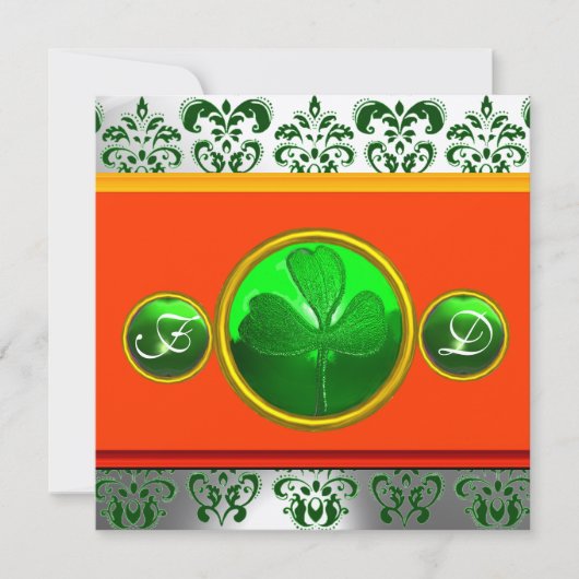 GREEN WHITE ORANGE DAMASK, KLEEBLATT MONOGRAMM EINLADUNG (Vorderseite)