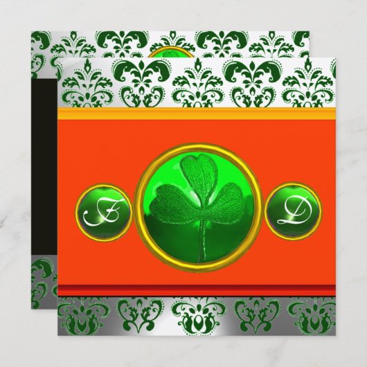 GREEN WHITE ORANGE DAMASK, KLEEBLATT MONOGRAMM EINLADUNG (Vorne/Hinten)