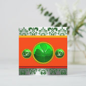 GREEN WHITE ORANGE DAMASK, KLEEBLATT MONOGRAMM EINLADUNG (Stehend Vorderseite)