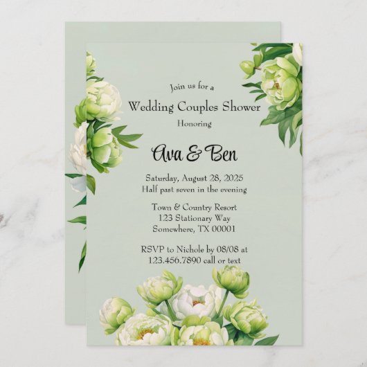 Green White Peony Elegant Wedding Couples Dusche Einladung (Vorne/Hinten)