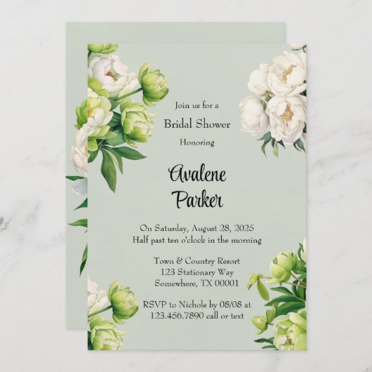 Green White Peony Elegantes Brautparty Einladung (Vorne/Hinten)