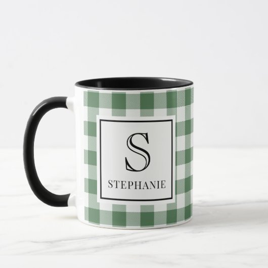 Green & White Plaid Black Typography Monogram Name Tasse (Links)