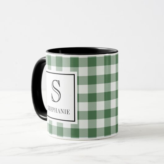 Green & White Plaid Black Typography Monogram Name Tasse (Vorderseite Links)