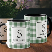 Green & White Plaid Black Typography Monogram Name Tasse