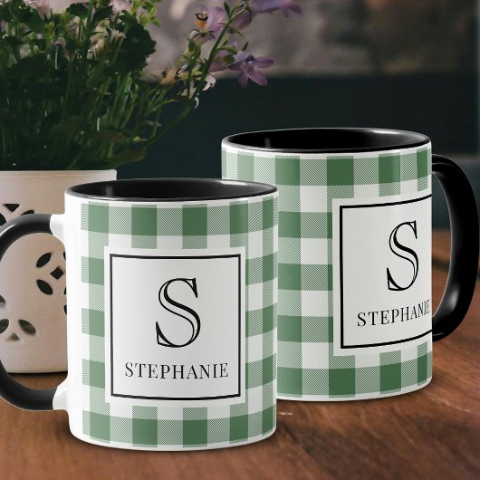Green & White Plaid Black Typography Monogram Name Tasse