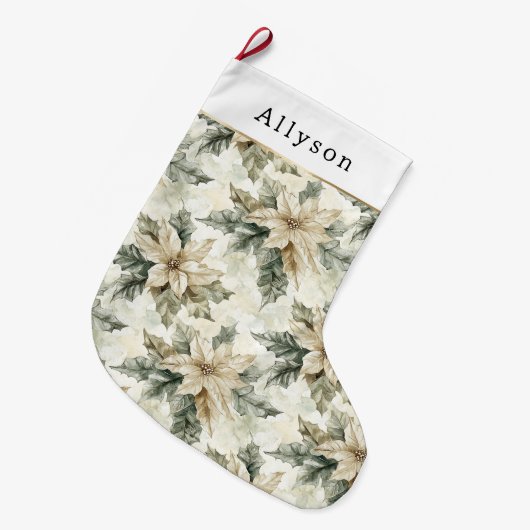 Green White Poinsettia Floral Christmas Großer Weihnachtsstrumpf (Vorderansicht (hängend))