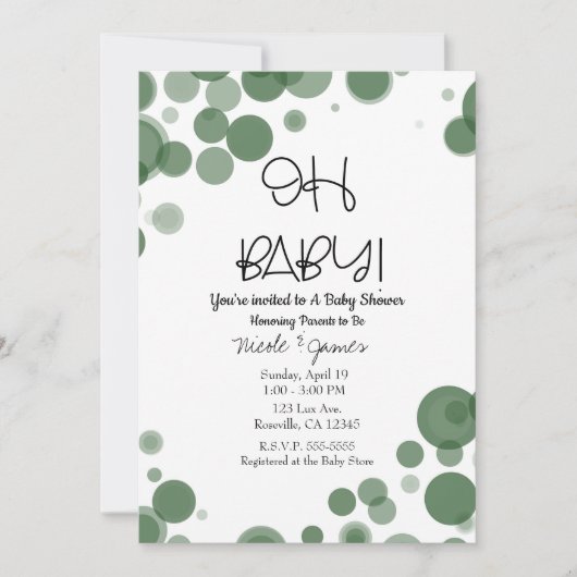 Green & White Polka Dot Blasen OH BABY Dusche Einladung (Vorderseite)