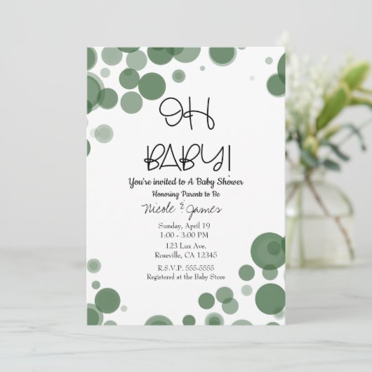 Green & White Polka Dot Blasen OH BABY Dusche Einladung (Stehend Vorderseite)
