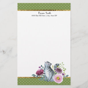 Green White Polka Dots Gold Gray Cat Blume Briefpapier
