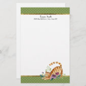 Green White Polka Dots Gold Tiger Cat Stationery Briefpapier (Vorne/Hinten)
