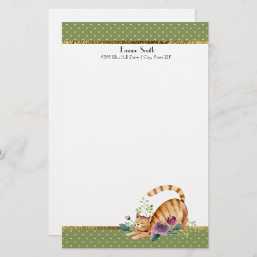 Green White Polka Dots Gold Tiger Cat Stationery Briefpapier (Vorne/Hinten)
