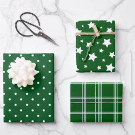 Green White Polka Dots Stars Karierter Urlaub Geschenkpapier Set