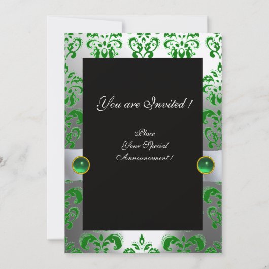 GREEN WHITE RIBBON & BLACK DAMASK MONOGRAMM Gold Einladung (Rückseite)