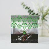 GREEN WHITE RIBBON & BLACK DAMASK MONOGRAMM Gold Einladung (Stehend Vorderseite)