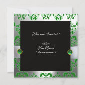 GREEN WHITE RIBBON & BLACK DAMASK MONOGRAMM Gold Einladung (Rückseite)