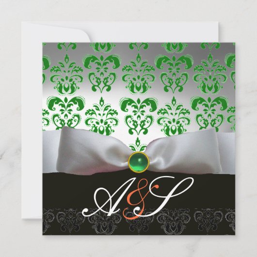 GREEN WHITE RIBBON & BLACK DAMASK MONOGRAMM Gold Einladung (Vorderseite)