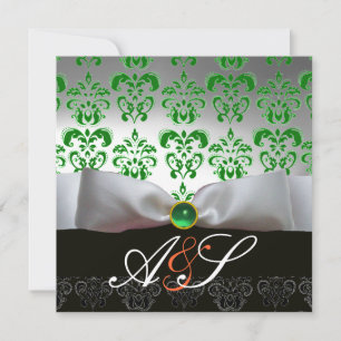 GREEN WHITE RIBBON & BLACK DAMASK MONOGRAMM Gold Einladung