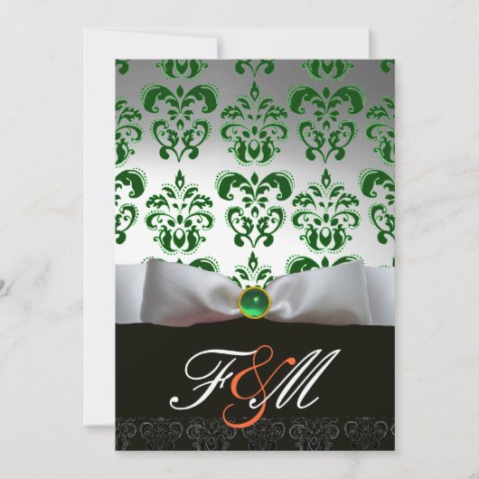 GREEN WHITE RIBBON & BLACK DAMASK MONOGRAMM Orange Einladung (Vorderseite)