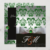GREEN WHITE RIBBON & BLACK DAMASK MONOGRAMM Orange Einladung (Vorne/Hinten)