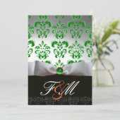 GREEN WHITE RIBBON & BLACK DAMASK MONOGRAMM Orange Einladung (Stehend Vorderseite)
