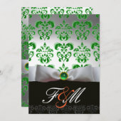 GREEN WHITE RIBBON & BLACK DAMASK MONOGRAMM Orange Einladung (Vorne/Hinten)