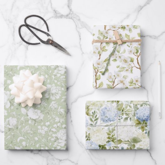 Green White Romantic Floral Bridal Shower Geschenkpapier Set (Vorderseite)