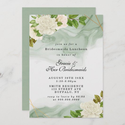 Green White Roses Bridesmaids Luncheon Einladungen (Vorne/Hinten)