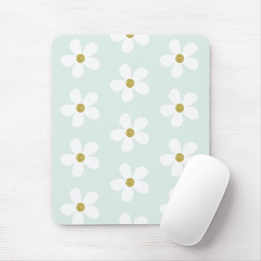 Green White Simple Daisy Gold Monogram Mousepad (Mit Mouse)