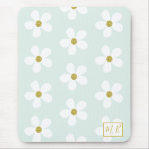 Green White Simple Daisy Gold Monogram Mousepad