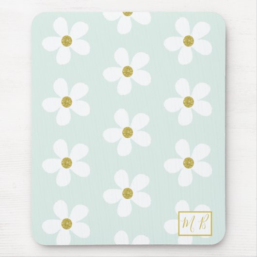 Green White Simple Daisy Gold Monogram Mousepad (Vorne)