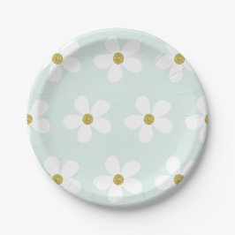 Green White Simple Daisy Pattern Gold Pappteller