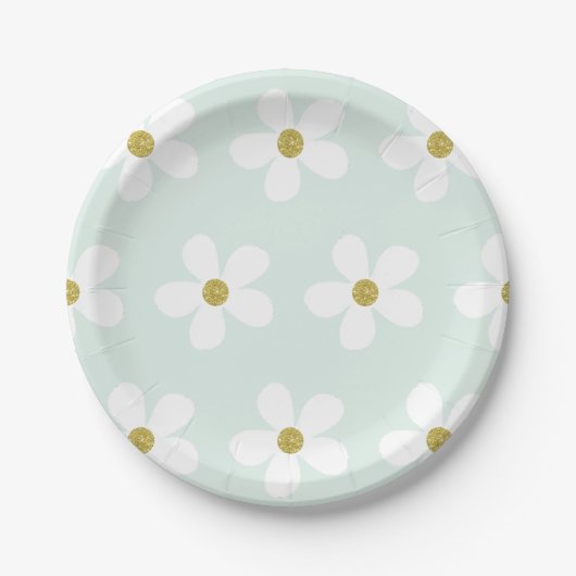 Green White Simple Daisy Pattern Gold Pappteller (Vorderseite)