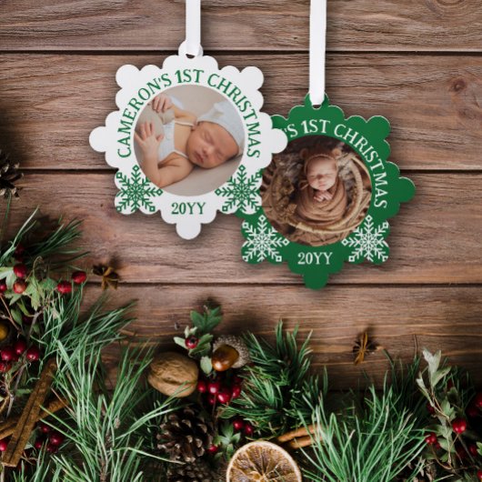 Green White Snowflakes Baby's 1. Weihnachten Ornament Karte